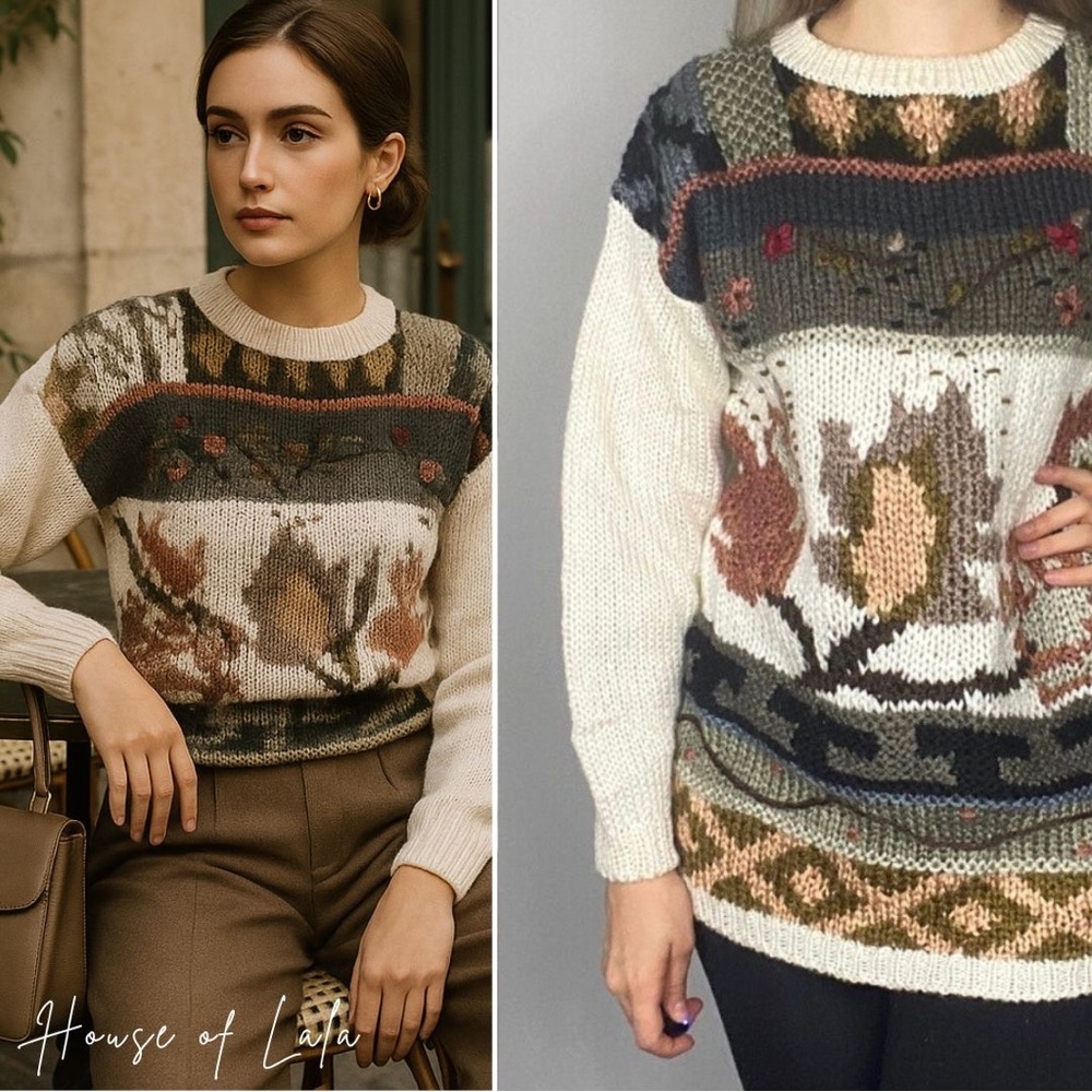 Vintage grandma knit sweater. Fall leaf pattern cottage core grandpa pullover
